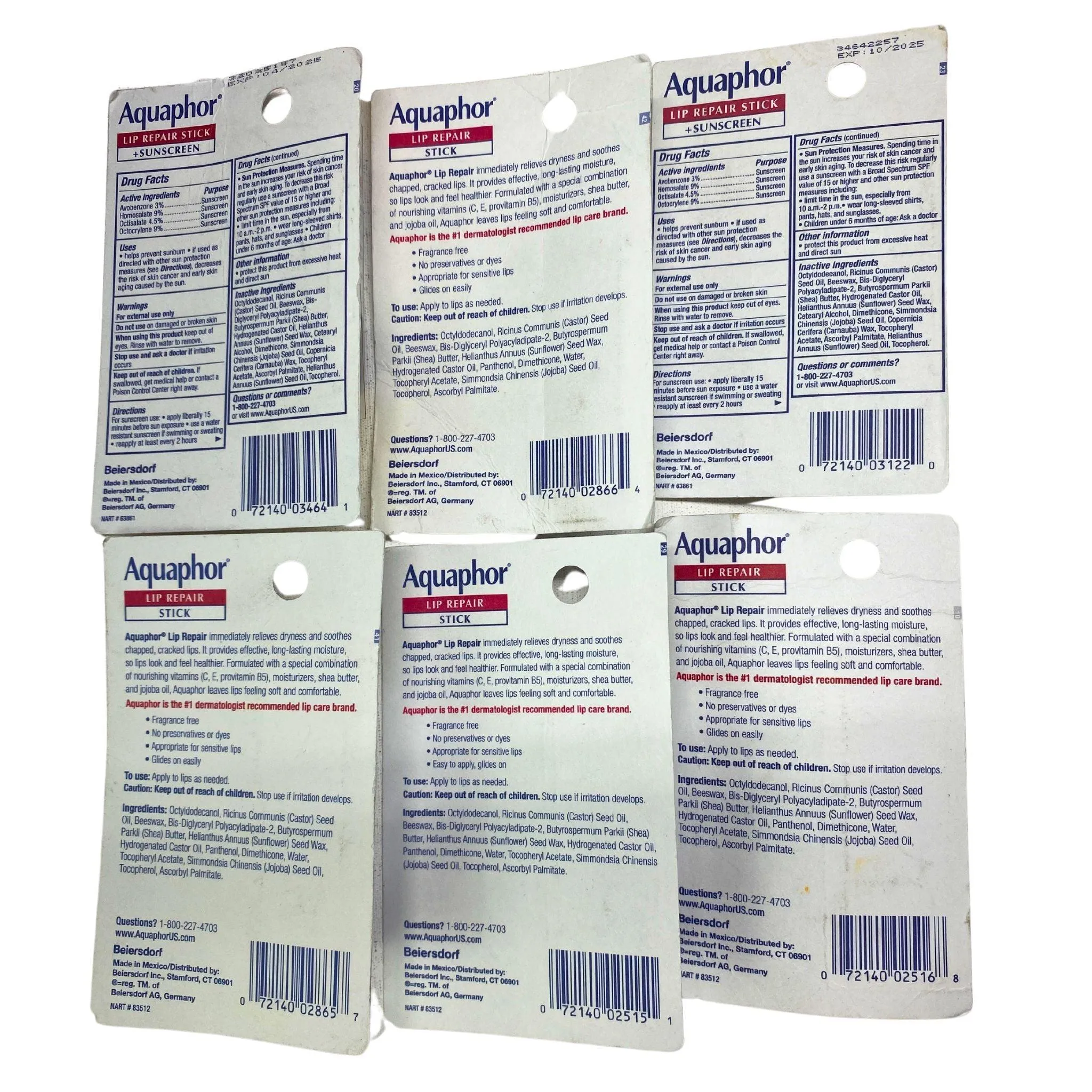 Aquaphor Lip Repair Stick  Sunscreen (1) Sticks .17 OZ (50 Pcs Lot)