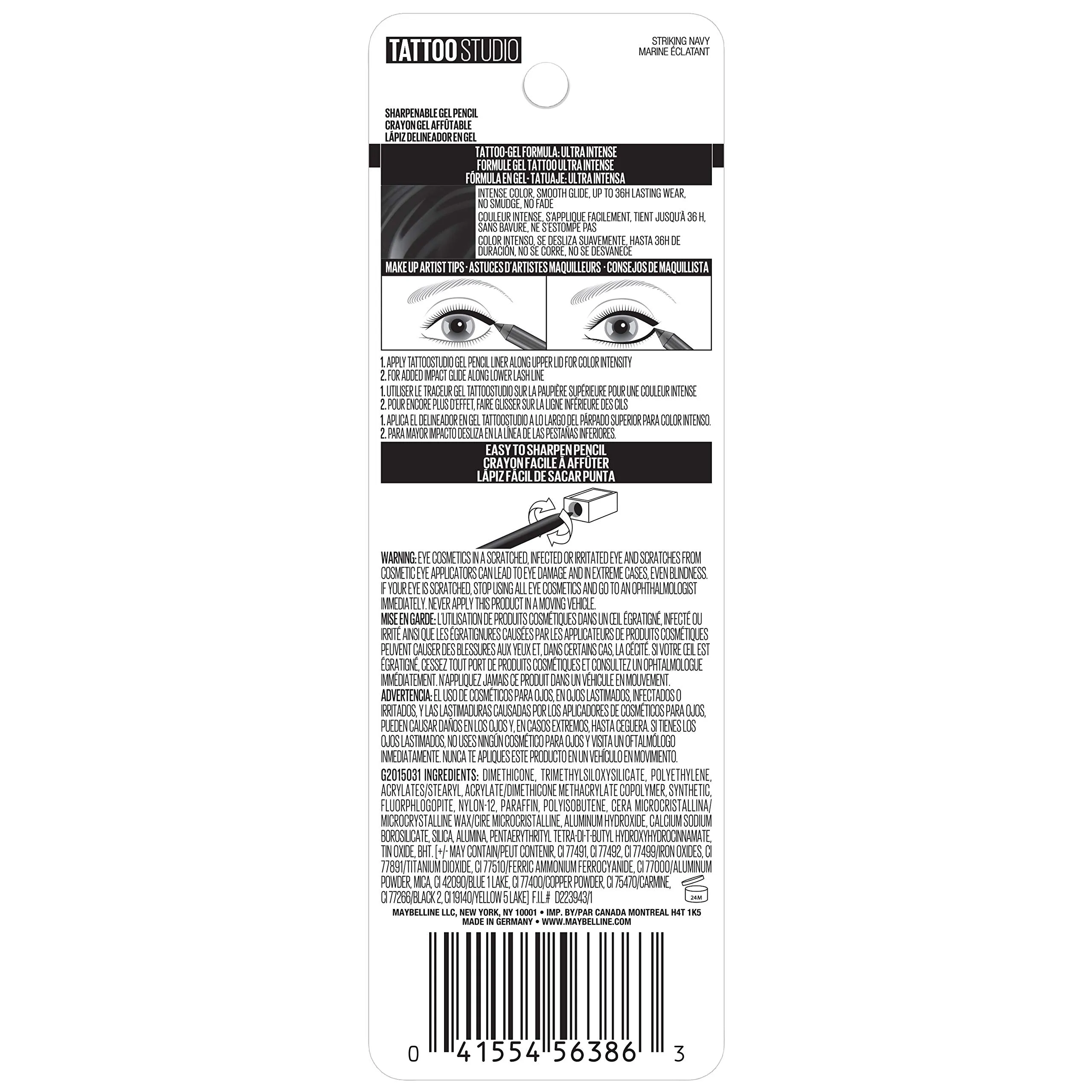 Maybelline TattooStudio Sharpenable Gel Pencil Longwear Eyeliner Makeup, Striking Navy, 0.04 oz.
