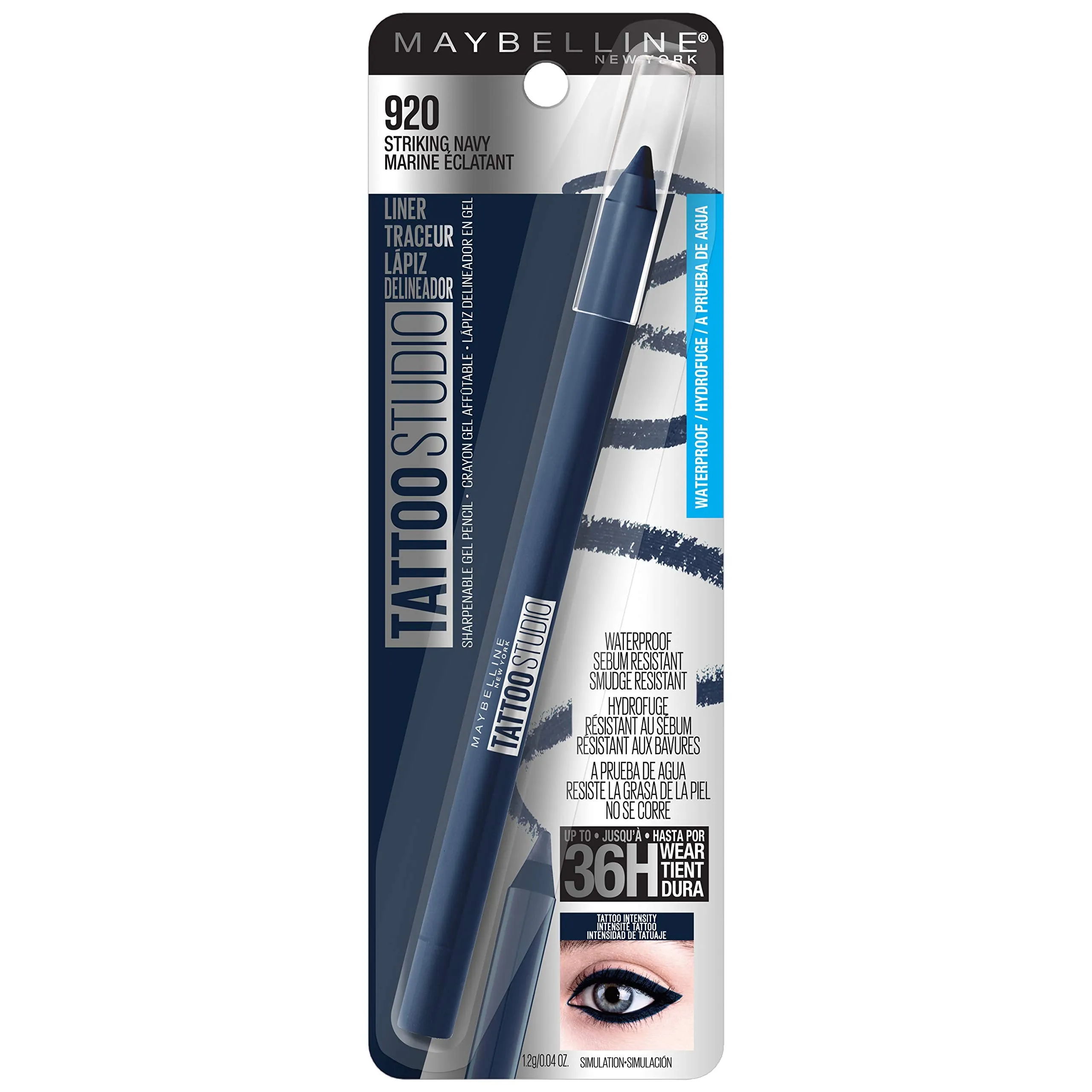 Maybelline TattooStudio Sharpenable Gel Pencil Longwear Eyeliner Makeup, Striking Navy, 0.04 oz.